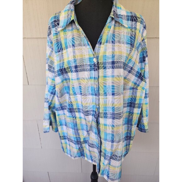 Alfred Dunner Plaid Button Down Top Blue And Yellow Women's Size 22 W - Picture 1 of 6